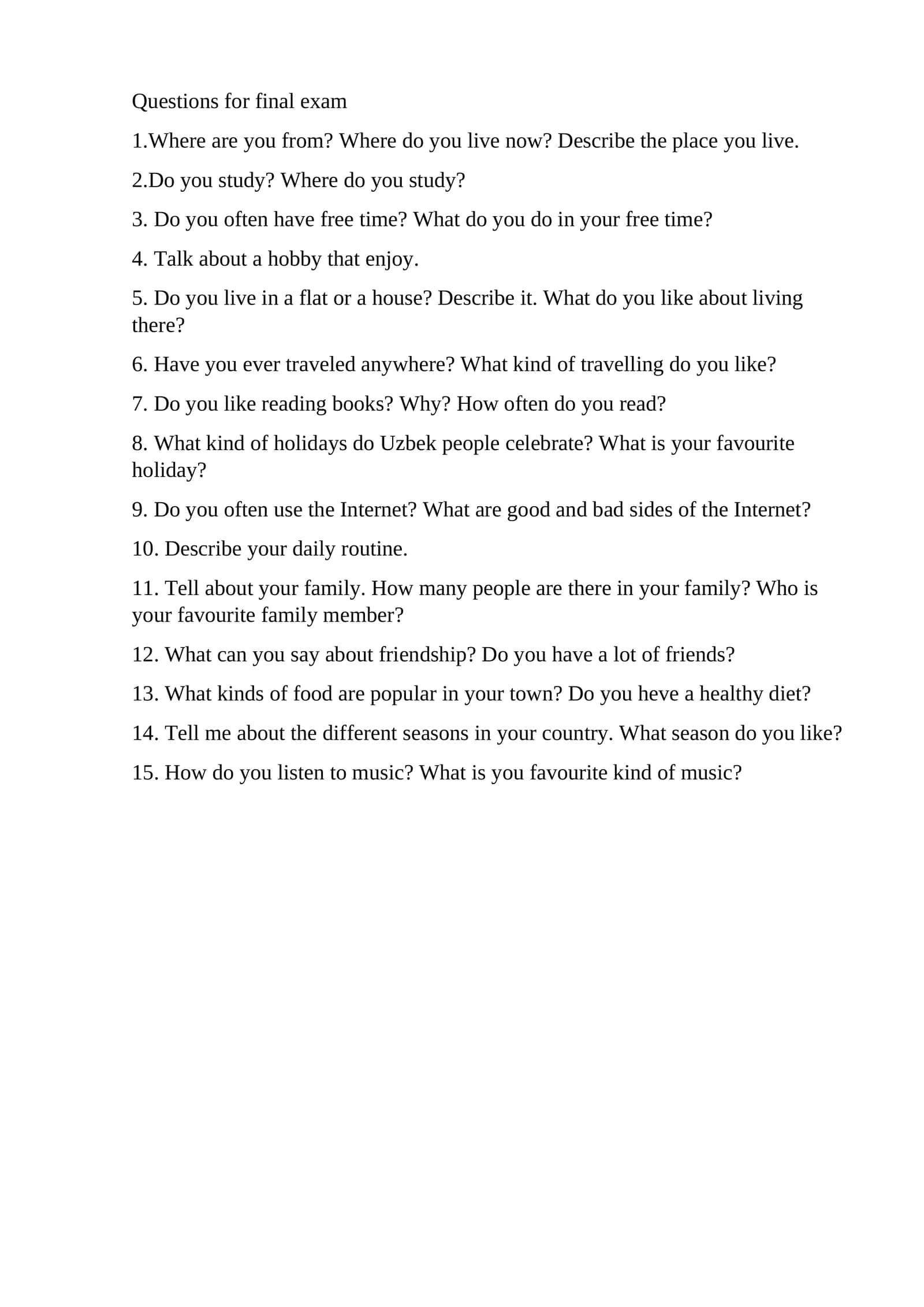 Questions for final exam 1