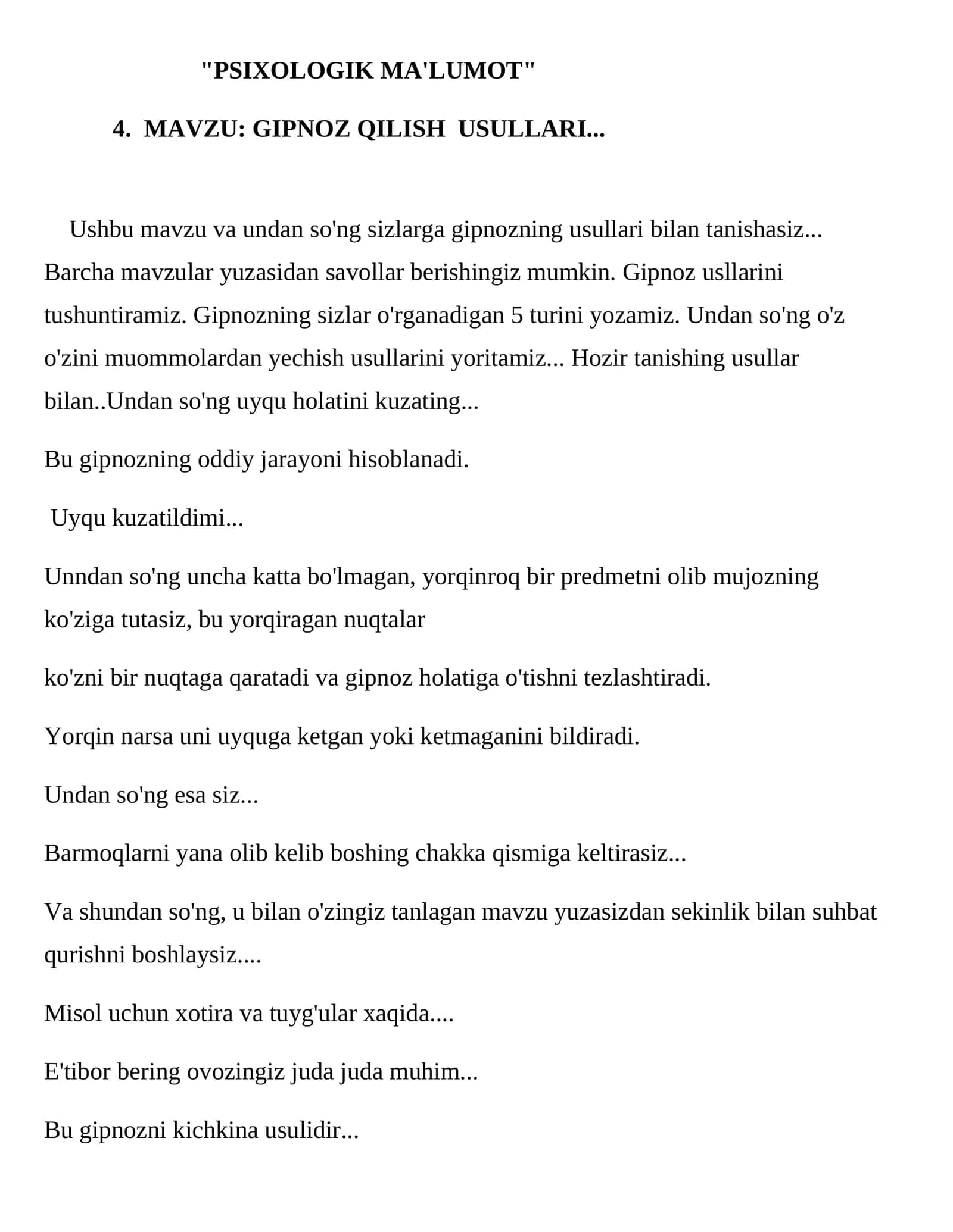 GIPNOZ QILISH USULLARI 1