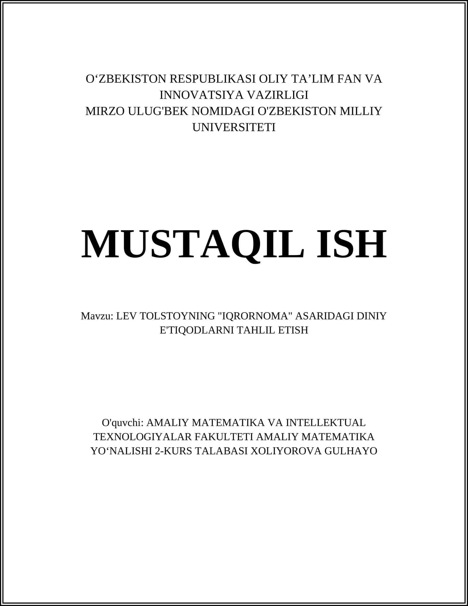 LEV TOLSTOYNING "IQRORNOMA" ASARIDAGI DINIY E'TIQODLARNI TAHLIL ETISH 1