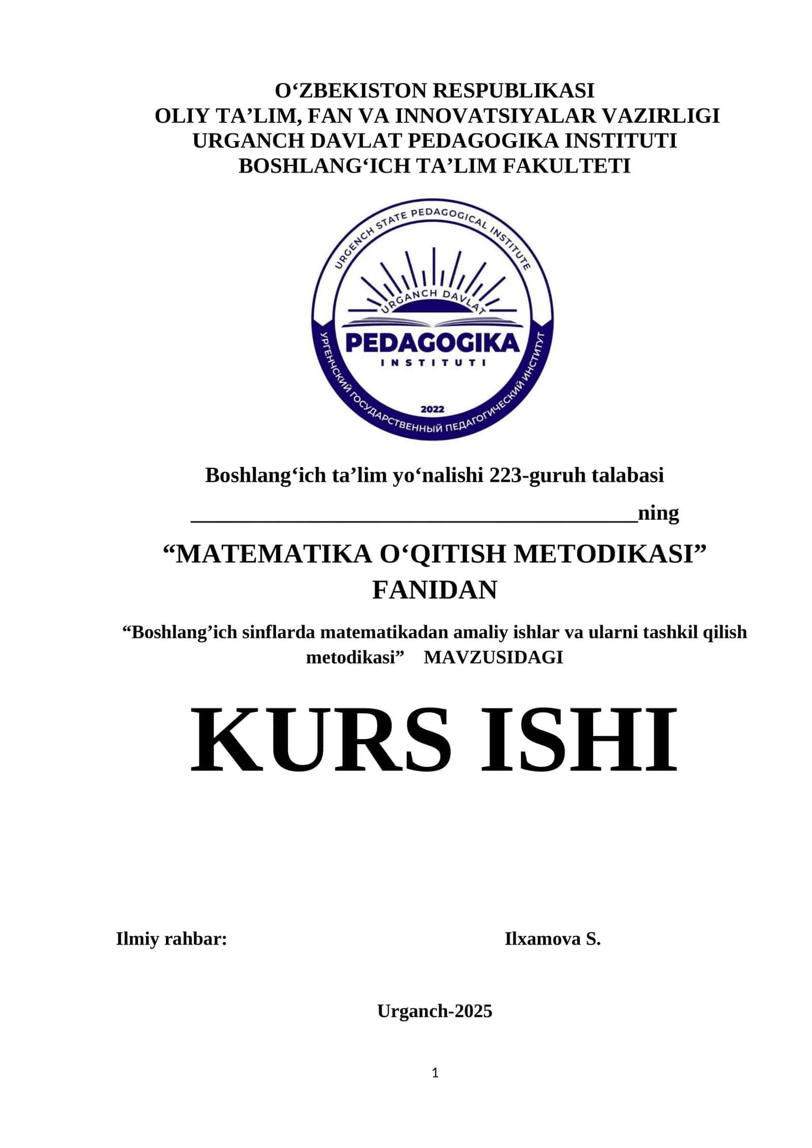 Boshlang’ich sinflarda matematikadan amaliy ishlar va ularni tashkil qilish metodikasi 1