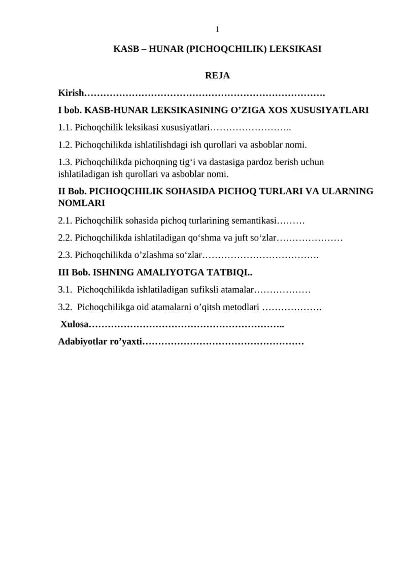 KASB – HUNAR (PICHOQCHILIK) LEKSIKASI 1