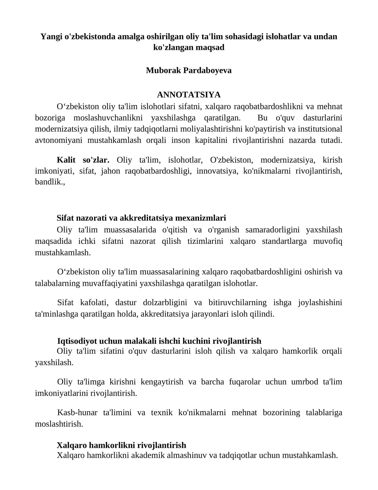 Yangi o'zbekistonda amalga oshirilgan oliy ta'lim sohasidagi islohatlar va undan ko'zlangan maqsad 1