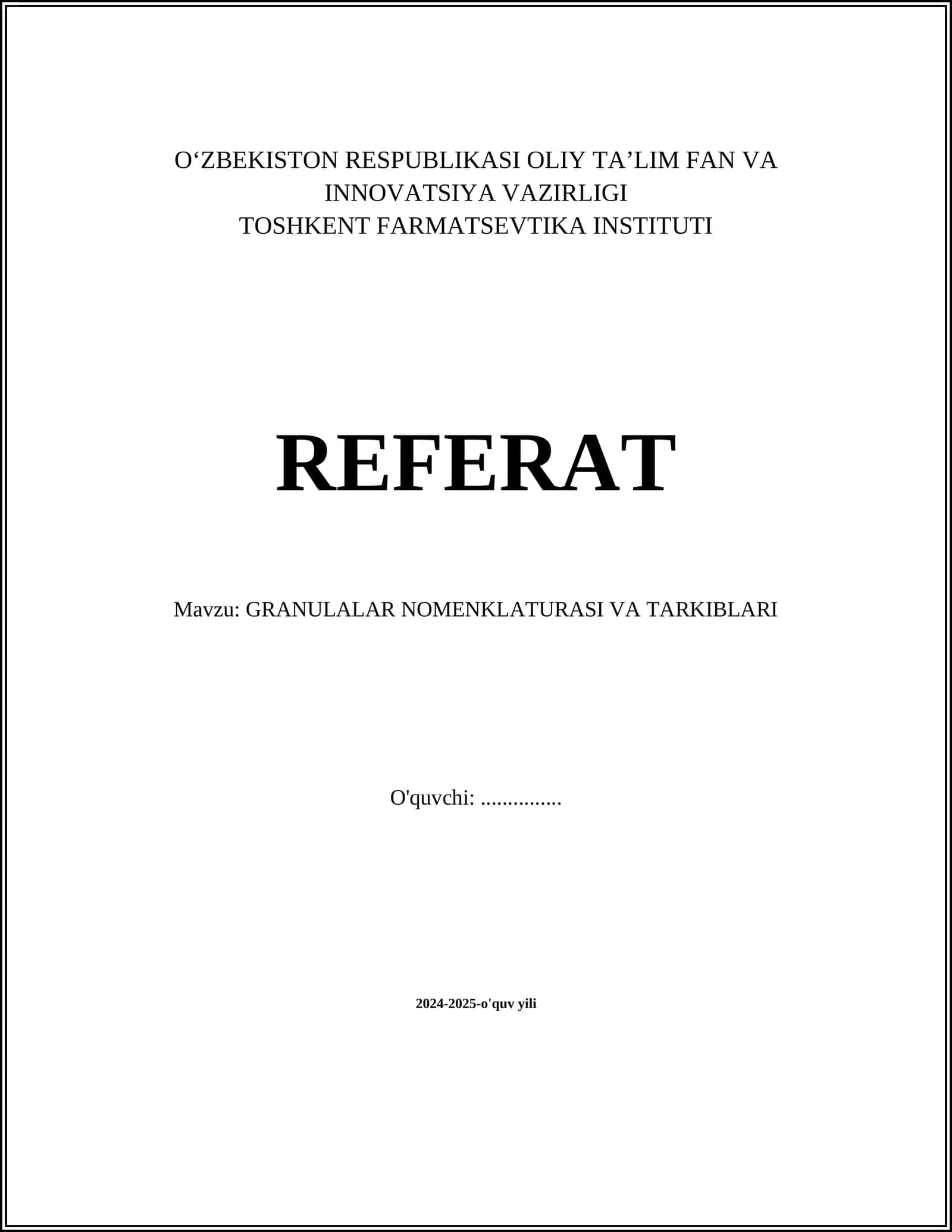 GRANULALAR NOMENKLATURASI VA TARKIBLARI 1