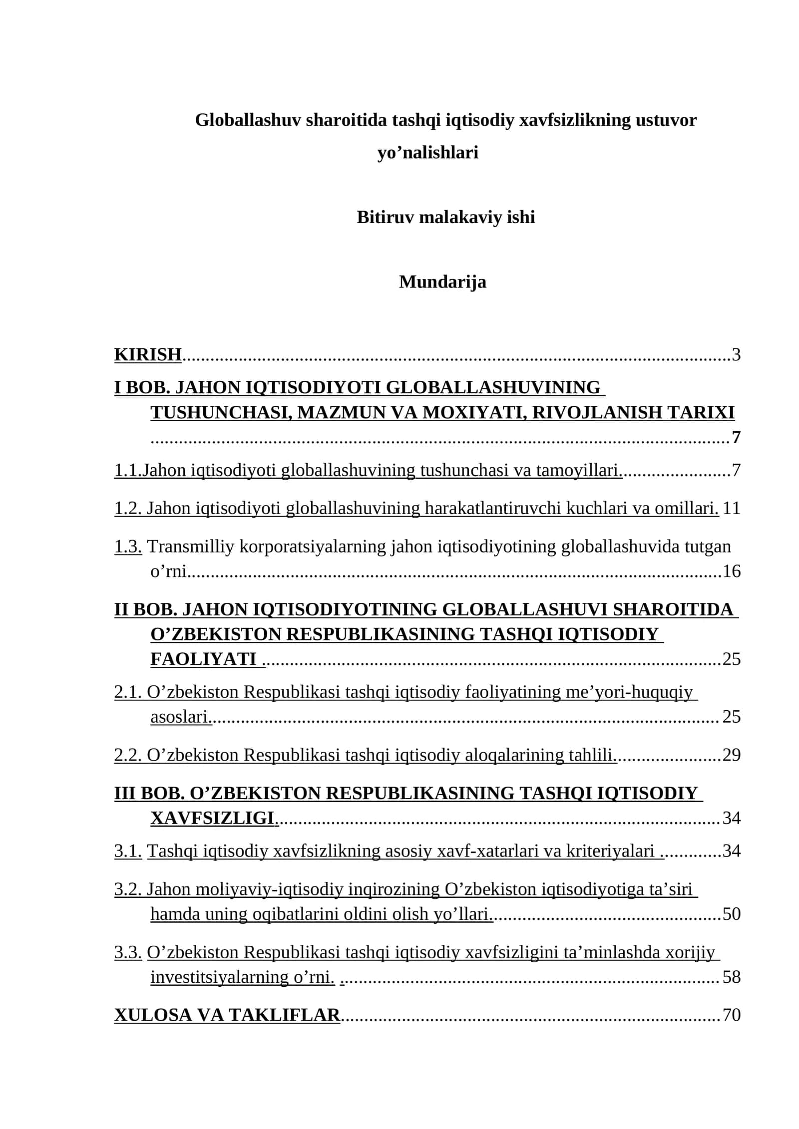 Globallashuv sharoitida tashqi iqtisodiy xavfsizlikning ustuvor yo’nalishlari 1