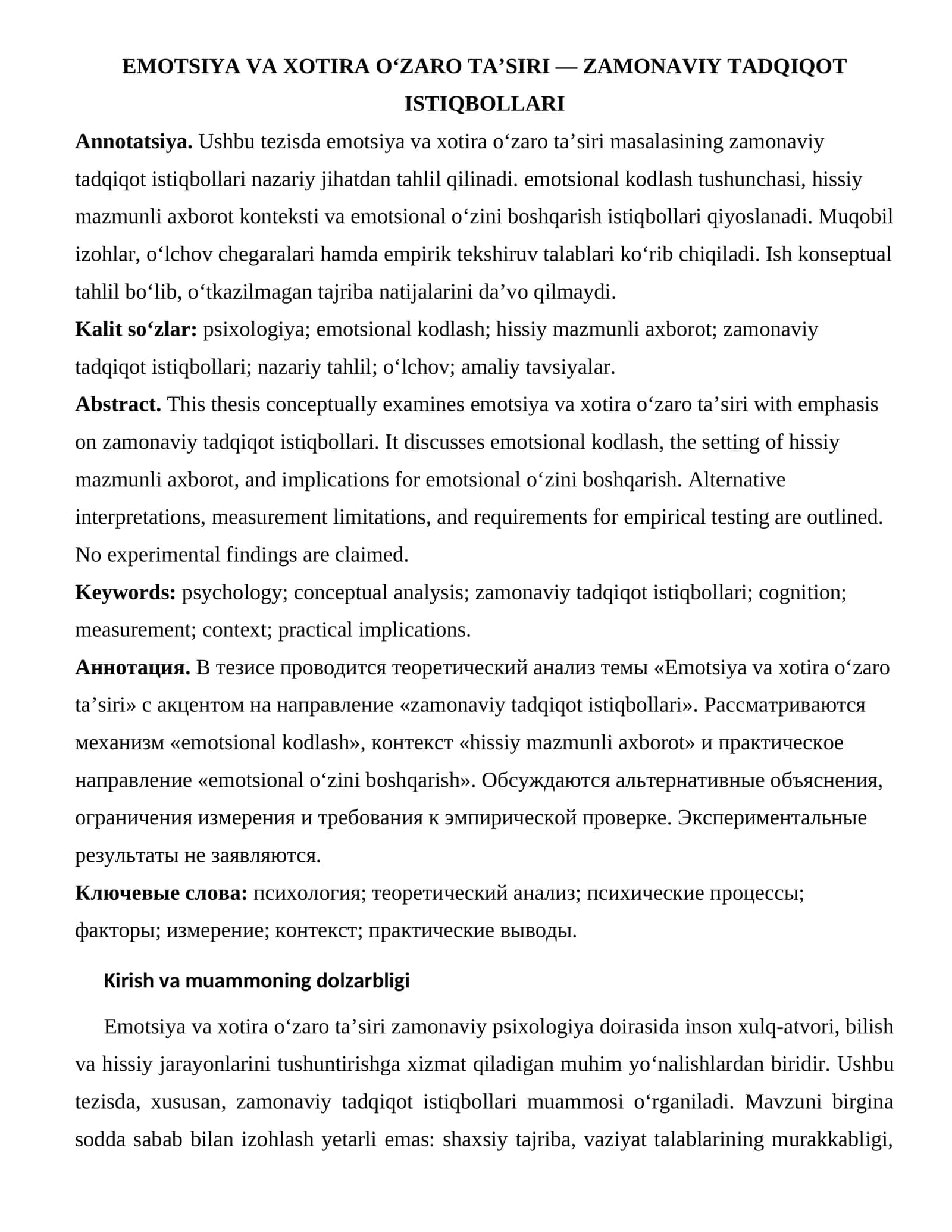 EMOTSIYA VA XOTIRA O‘ZARO TA’SIRI — ZAMONAVIY TADQIQOT ISTIQBOLLARI 1