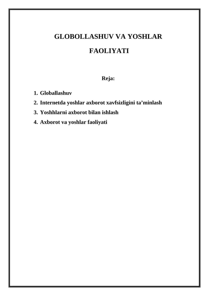 Globallashuv va yoshlar faoliyati 1