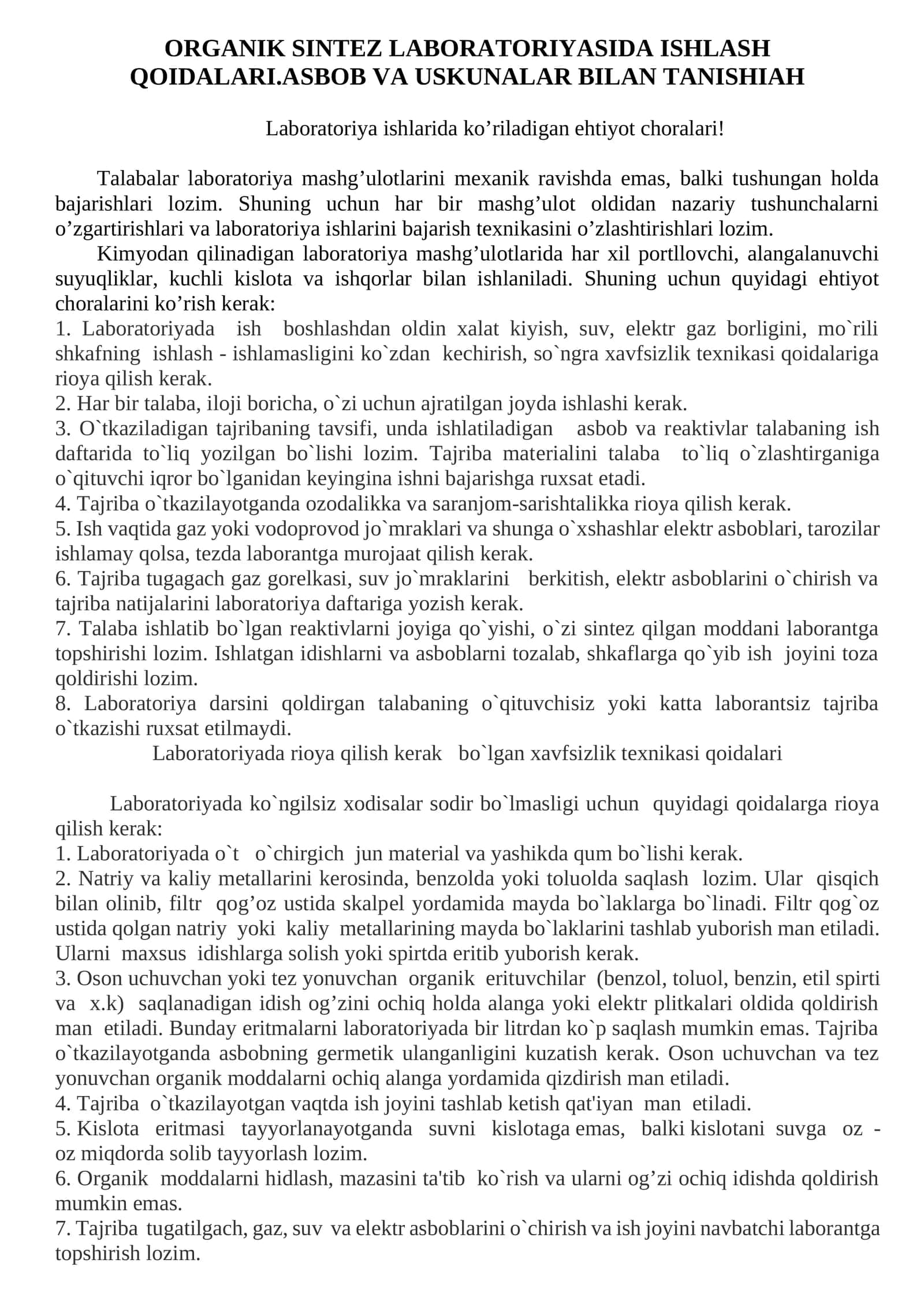 ORGANIK SINTEZ LABORATORIYASIDA ISHLASH QOIDALARI.ASBOB VA USKUNALAR BILAN TANISHIAH 1