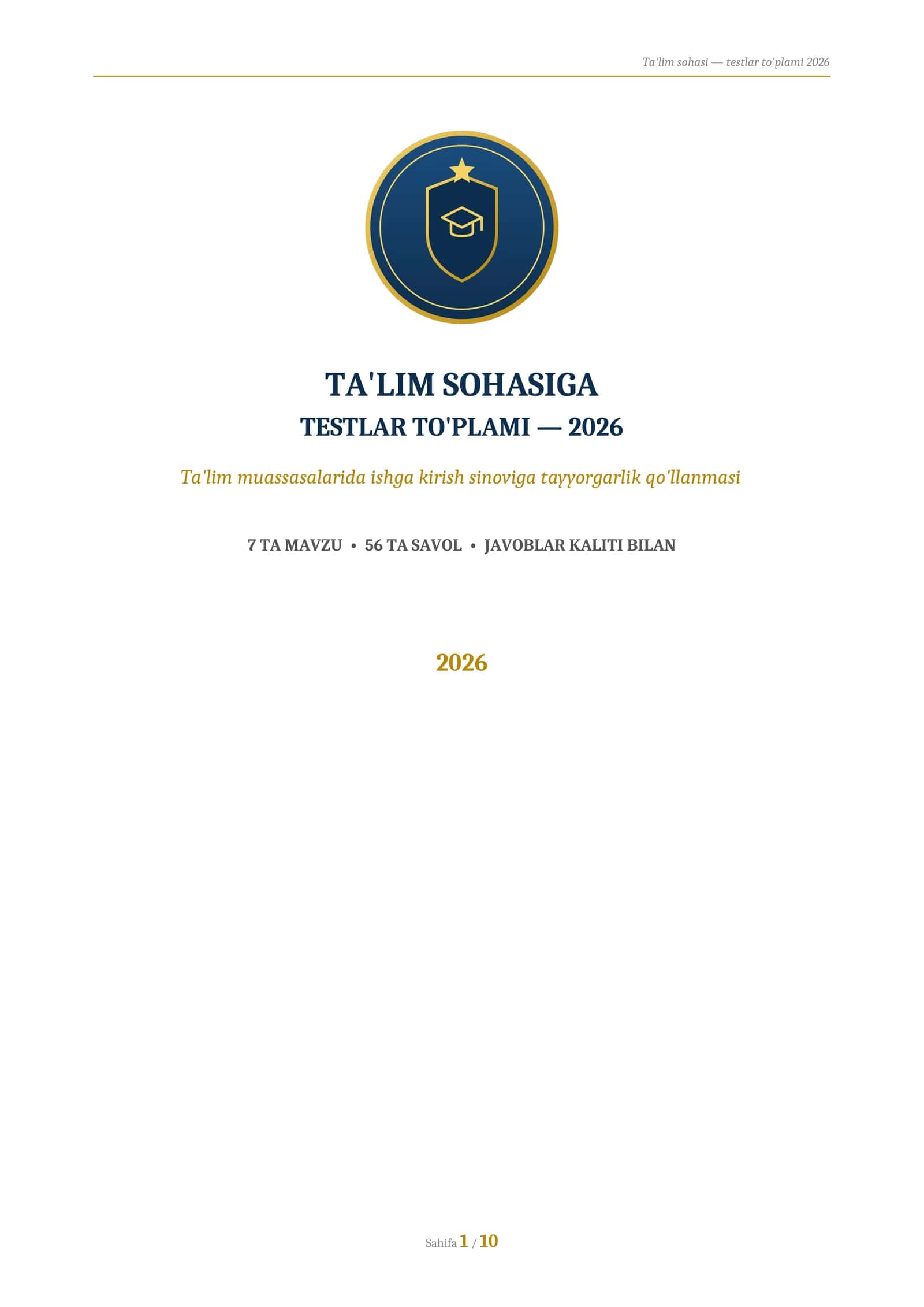 Taʼlim sohasi testlari 1