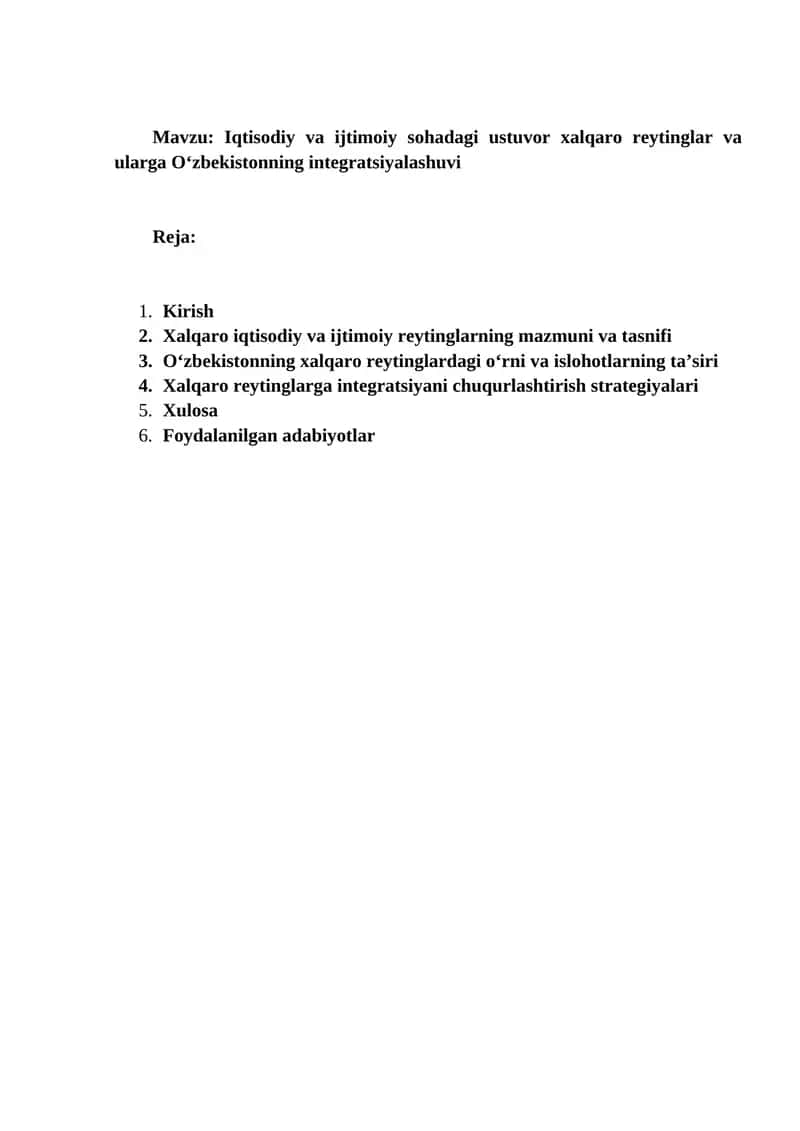 Iqtisodiy va ijtimoiy sohadagi ustuvor xalqaro reytinglar va ularga O‘zbekistonning integratsiyalashuvi 1