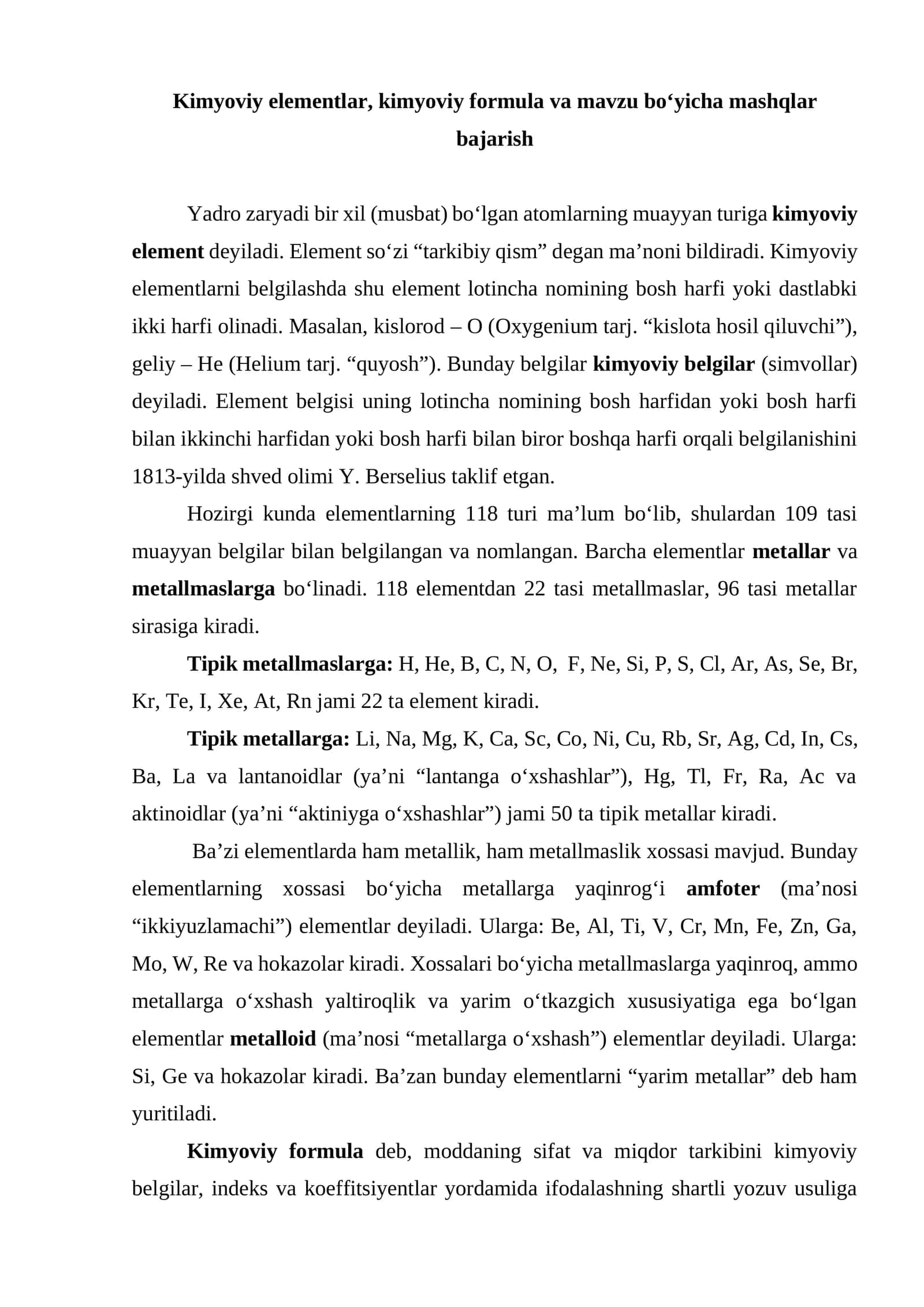 Kimyoviy elementlar, kimyoviy formula va mashqlar 1