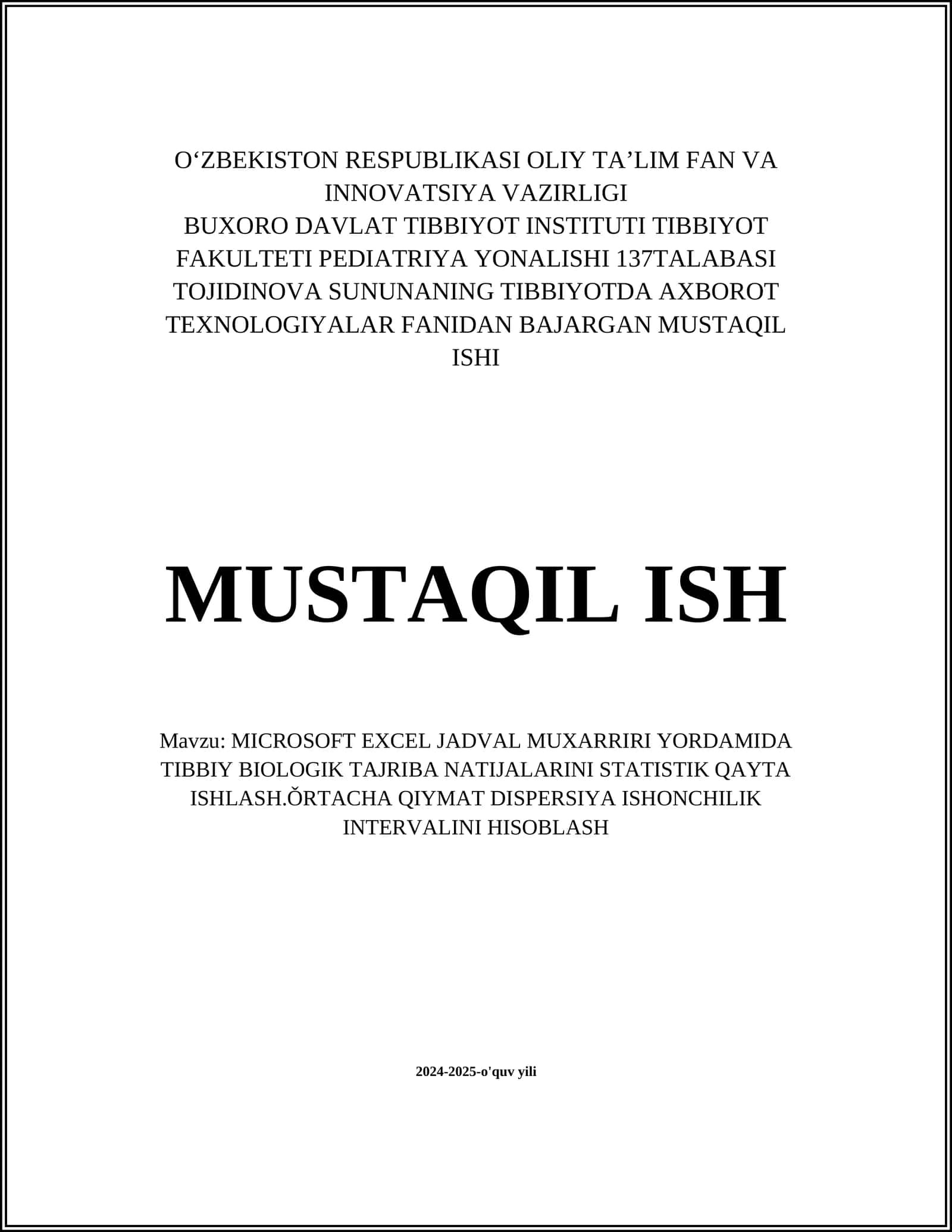 MICROSOFT EXCEL JADVAL MUXARRIRI YORDAMIDA TIBBIY BIOLOGIK TAJRIBA NATIJALARINI STATISTIK QAYTA ISHLASH 1