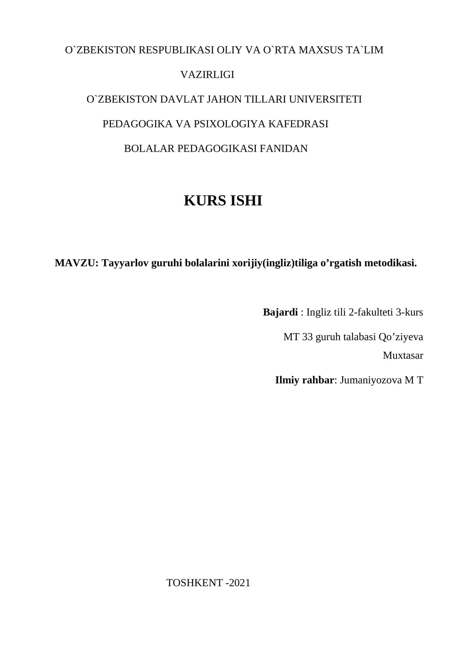 Tayyarlov guruhi bolalarini xorijiy(ingliz)tiliga o’rgatish metodikasi 1