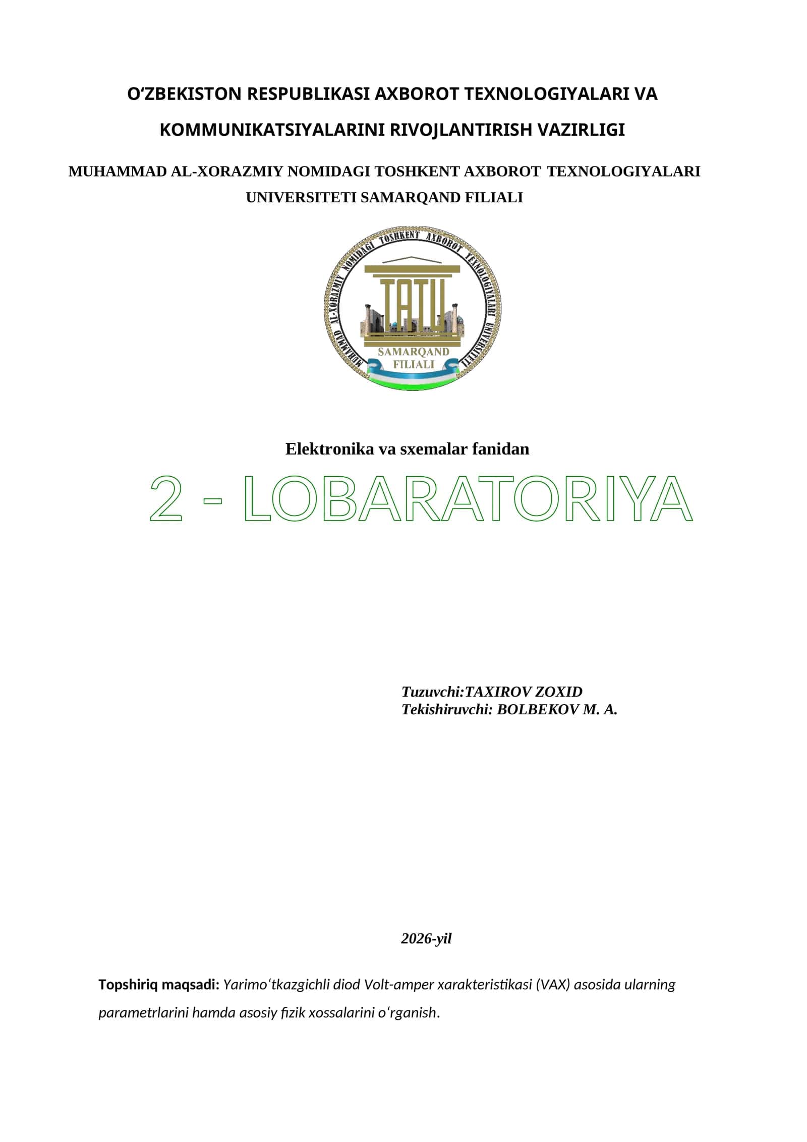 Elektronika va sxemalar fanidan 2 - LOBARATORIYA 1