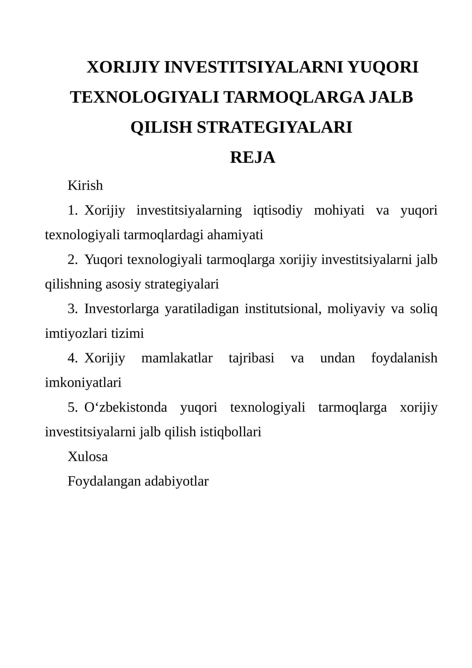 XORIJIY INVESTITSIYALARNI YUQORI TEXNOLOGIYALI TARMOQLARGA JALB QILISH STRATEGIYALARI 1
