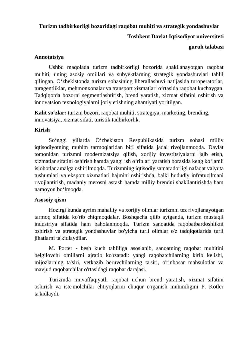 Turizm tadbirkorligi bozoridagi raqobat muhiti va strategik yondashuvlar 1