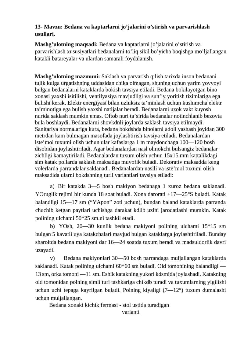 Bedana va kaptarlarni jo’jalarini o’stirish va parvarishlash usullari 1