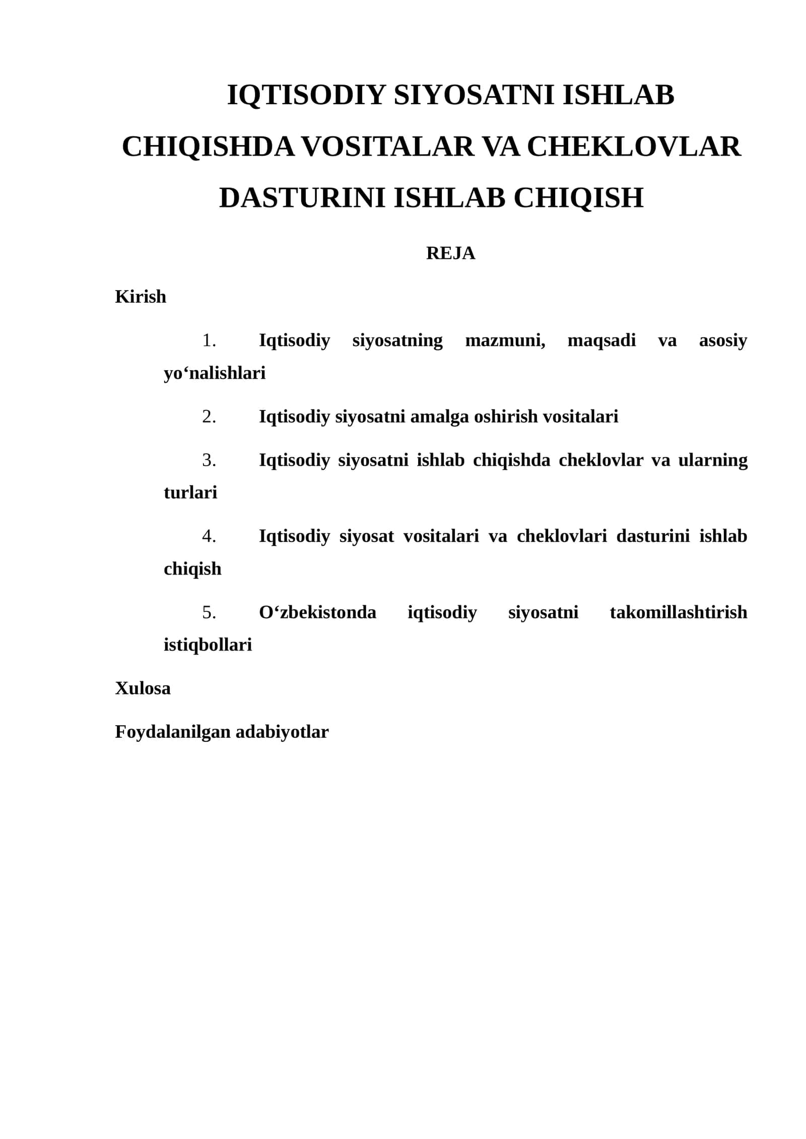 IQTISODIY SIYOSATNI ISHLAB CHIQISHDA VOSITALAR VA CHEKLOVLAR DASTURINI ISHLAB CHIQISH 1