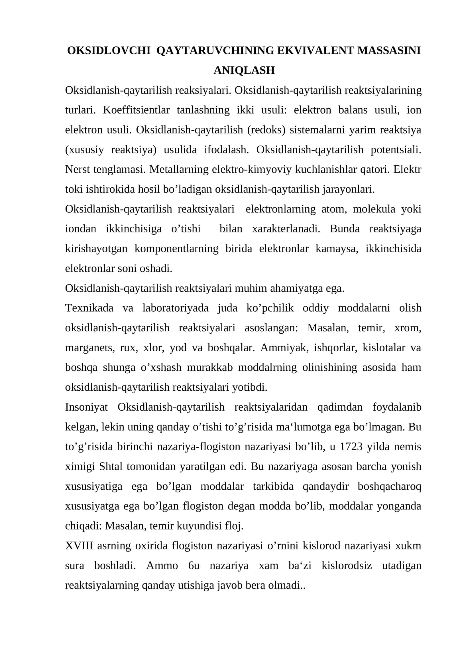 Oksidlovchi qaytaruvchining ekvivalent massasini aniqlash 1