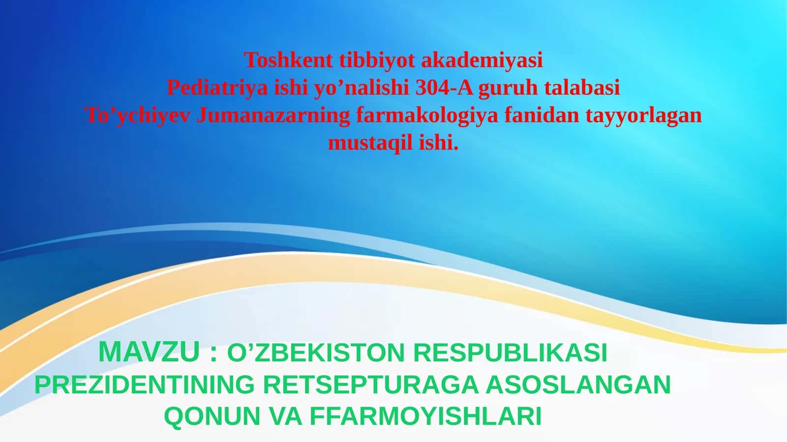 O’ZBEKISTON RESPUBLIKASI PREZIDENTINING RETSEPTURAGA ASOSLANGAN QONUN VA FFARMOYISHLARI 1