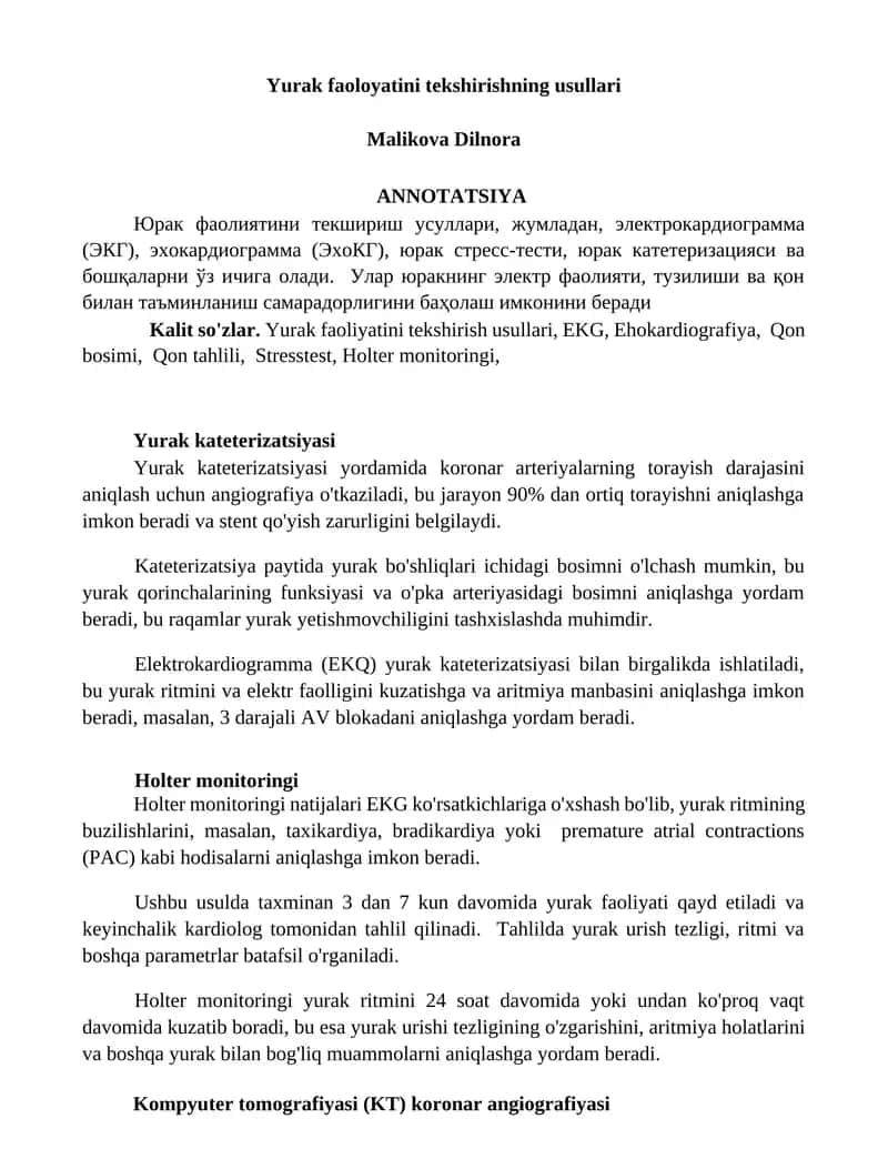Yurak faoloyatini tekshirishning usullari 1