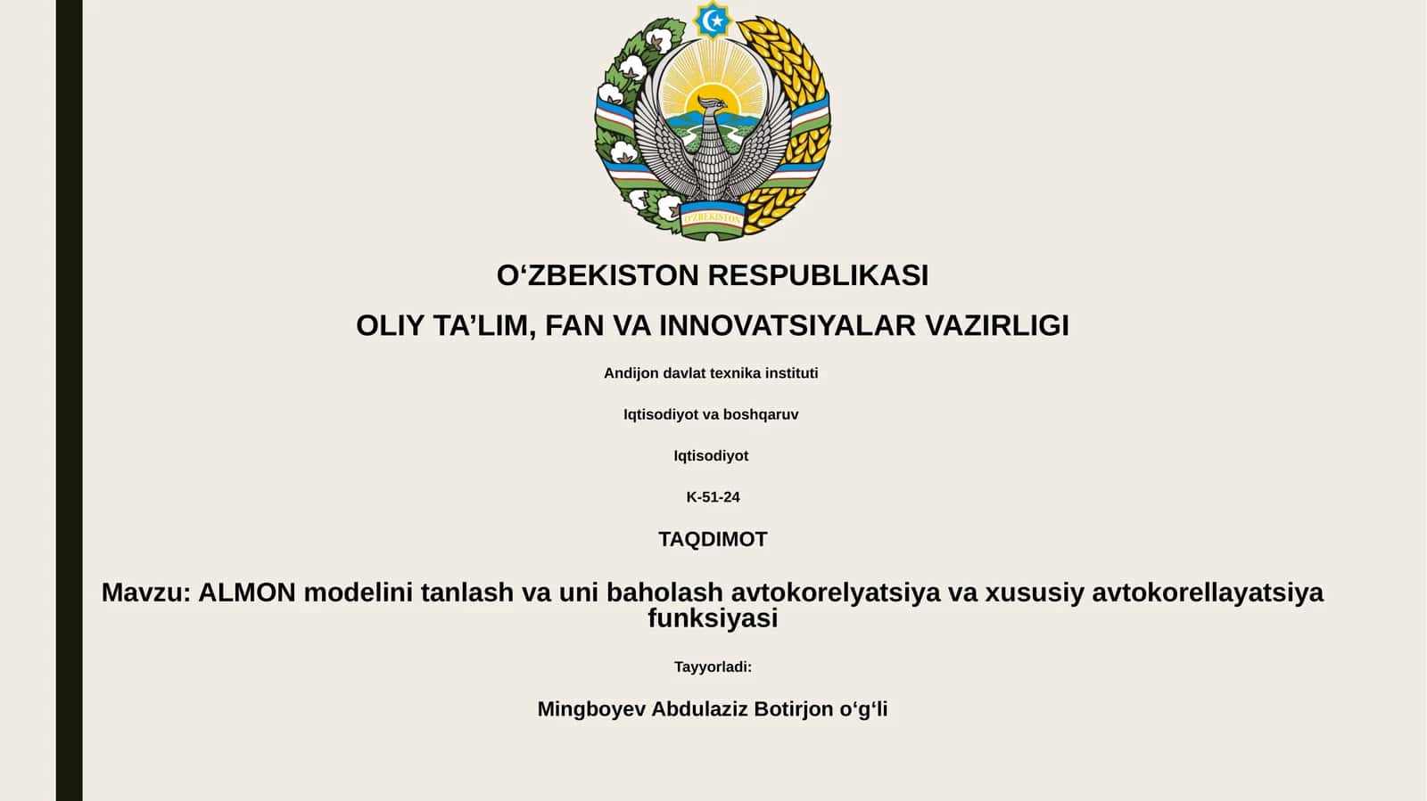 ALMON modelini tanlash va uni baholash avtokorelyatsiya va xususiy avtokorellayatsiya funksiyasi 1