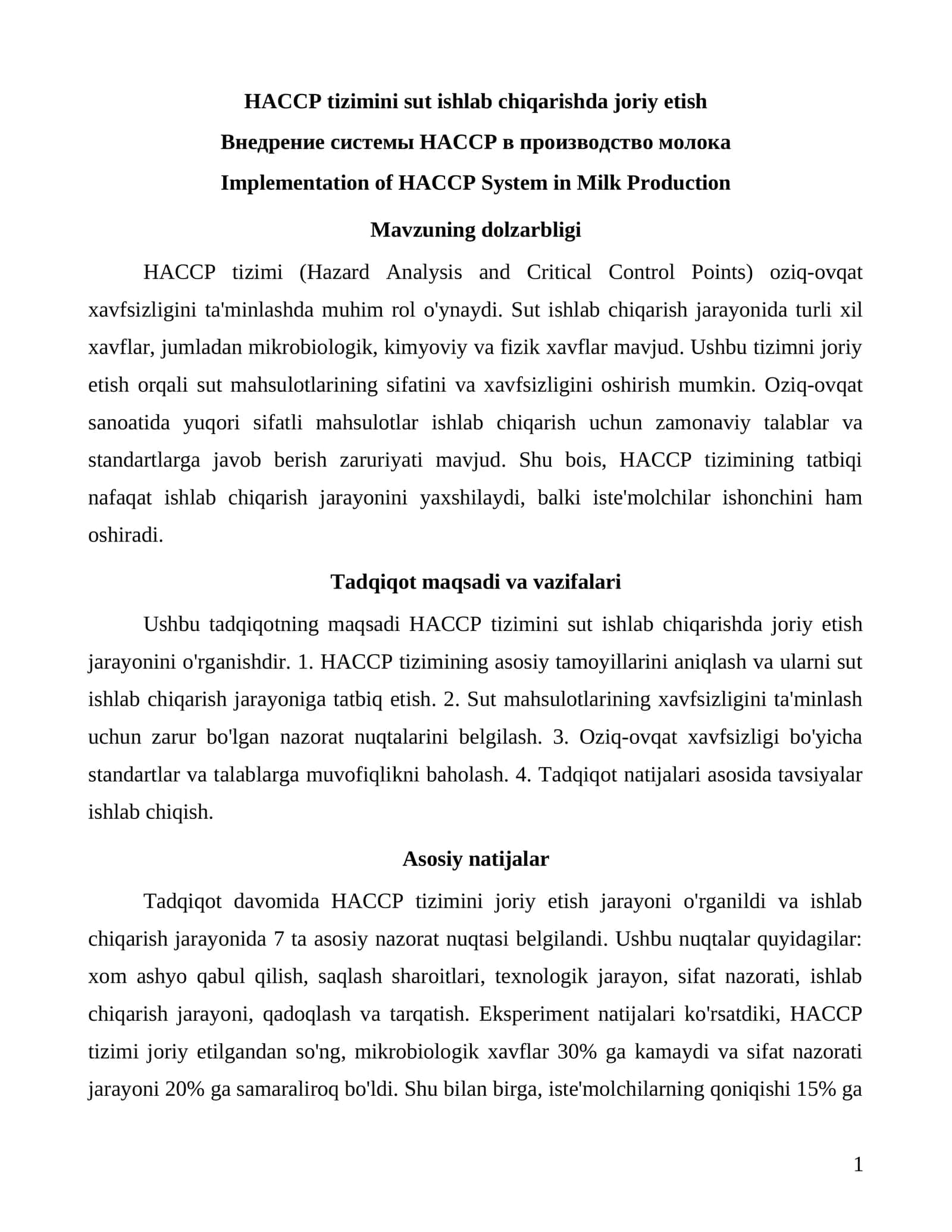 HACCP tizimini sut ishlab chiqarishda joriy etish 1