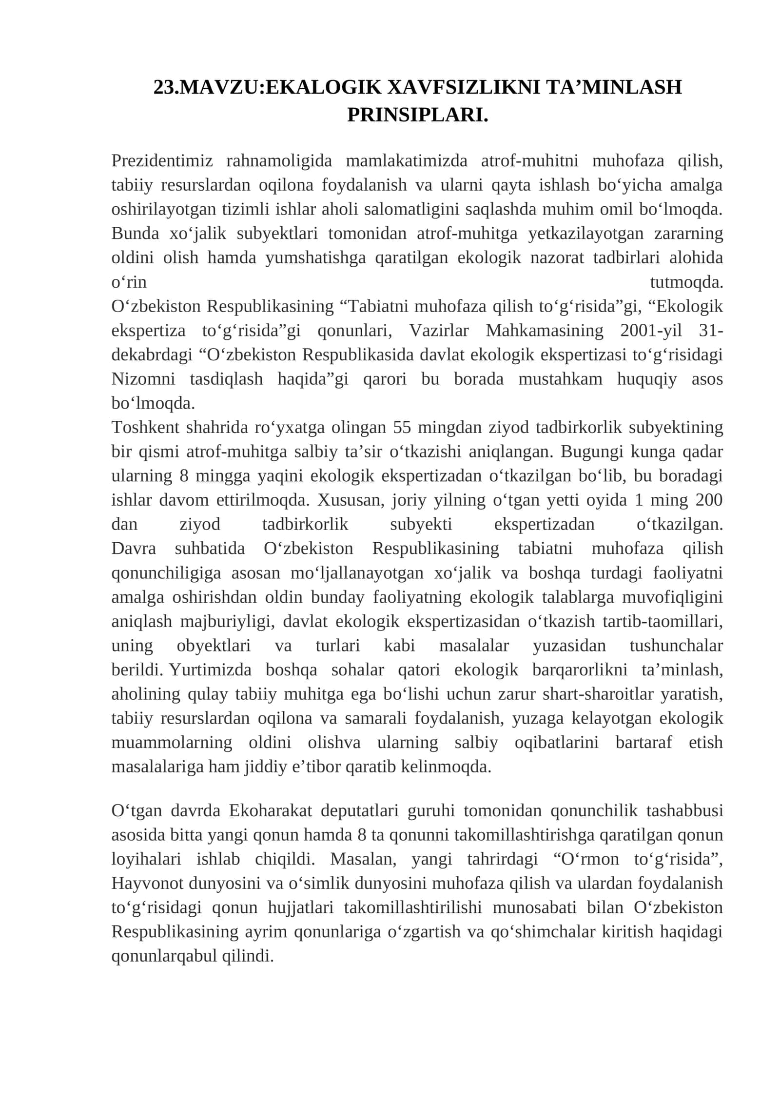 EKALOGIK XAVFSIZLIKNI TA’MINLASH PRINSIPLARI 1
