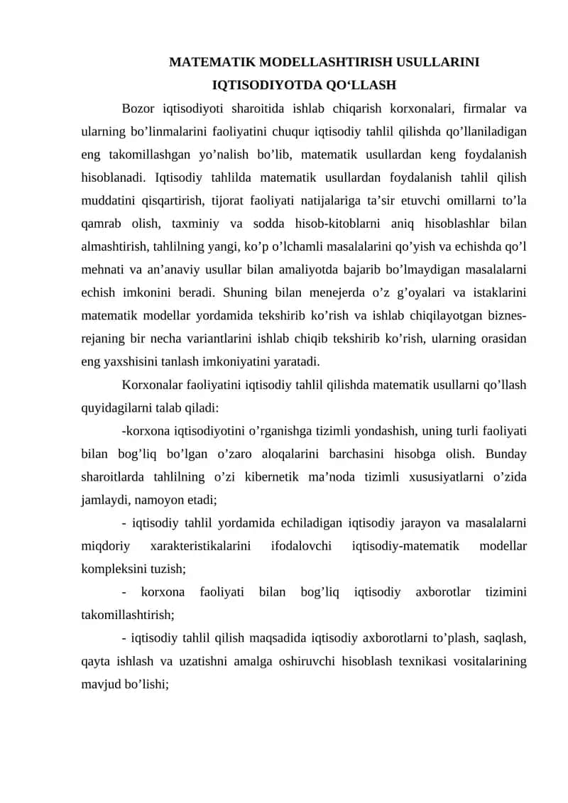 Matematik Modellashtirish Usullarini Iqtisodiyotda Qo‘llash 1