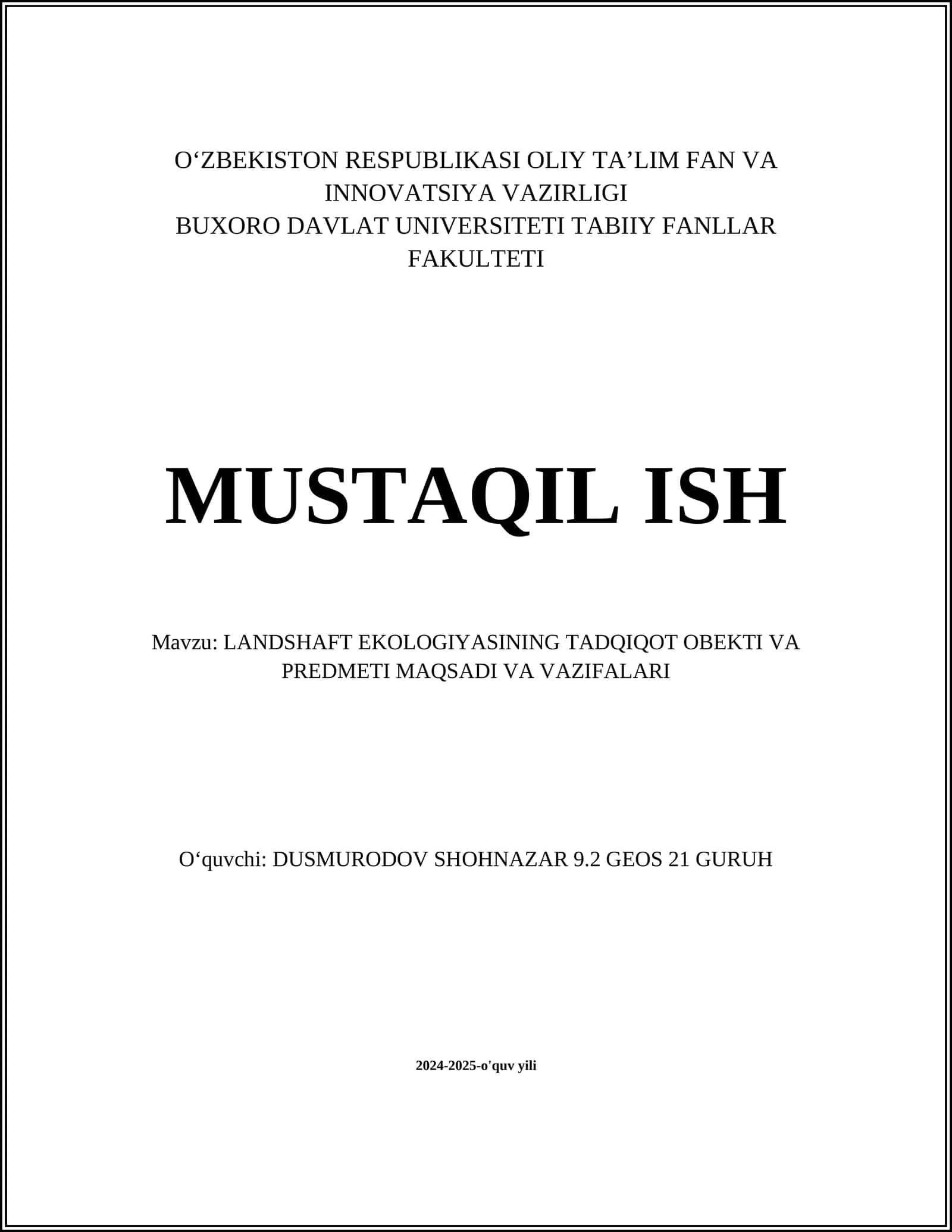 LANDSHAFT EKOLOGIYASINING TADQIQOT OBEKTI VA PREDMETI MAQSADI VA VAZIFALARI 1
