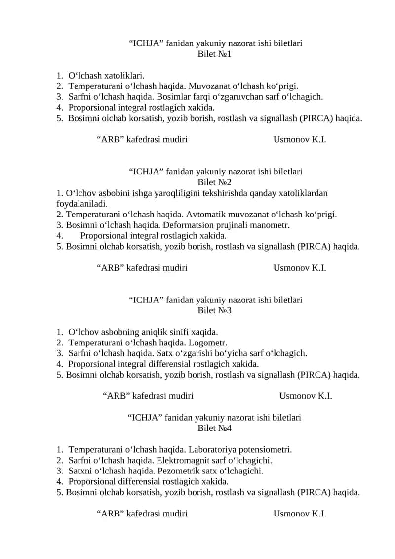"ICHJA" fanidan yakuniy nazorat ishi biletlari 1