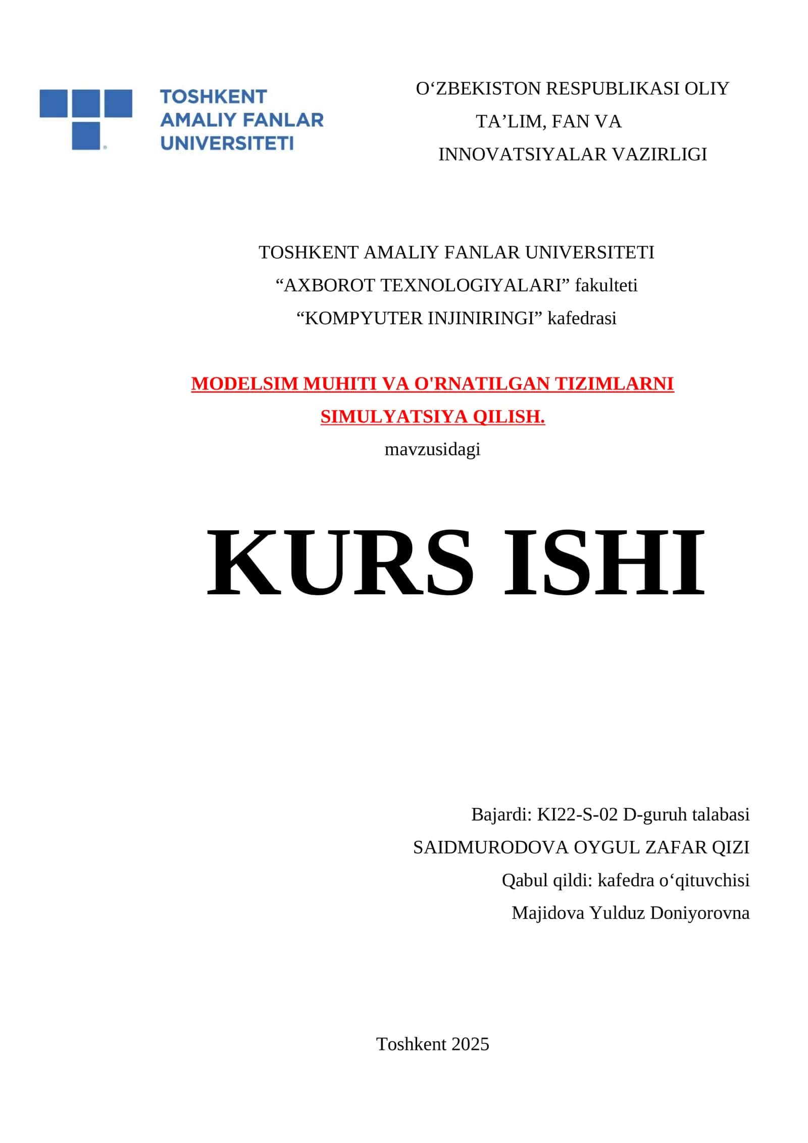 MODELSIM MUHITI VA O'RNATILGAN TIZIMLARNI SIMULYATSIYA QILISH 1