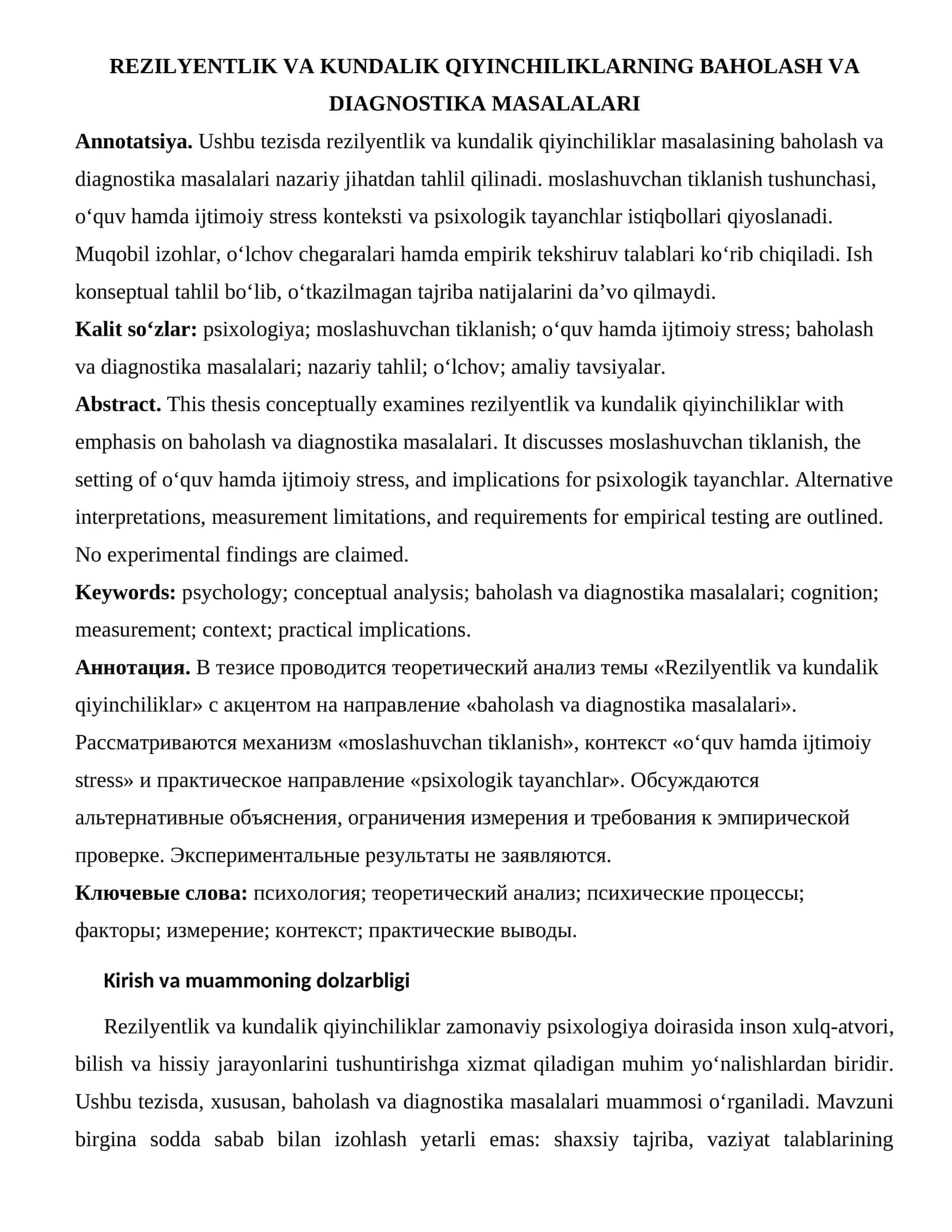 REZILYENTLIK VA KUNDALIK QIYINCHILIKLARNING BAHOLASH VA DIAGNOSTIKA MASALALARI 1