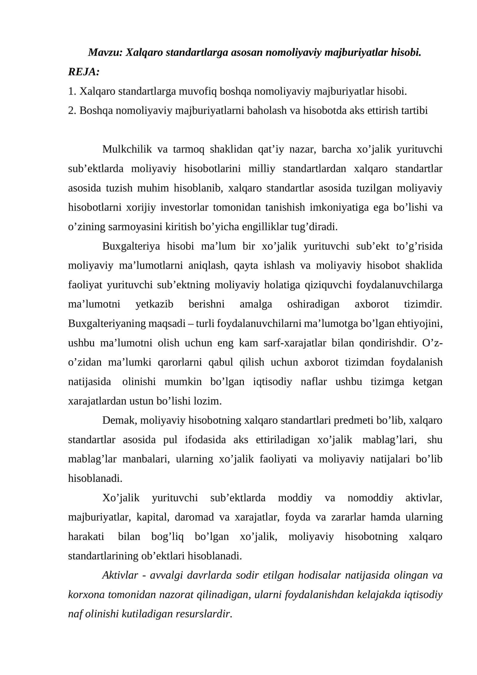 Xalqaro standartlarga asosan nomoliyaviy majburiyatlar hisobi 1