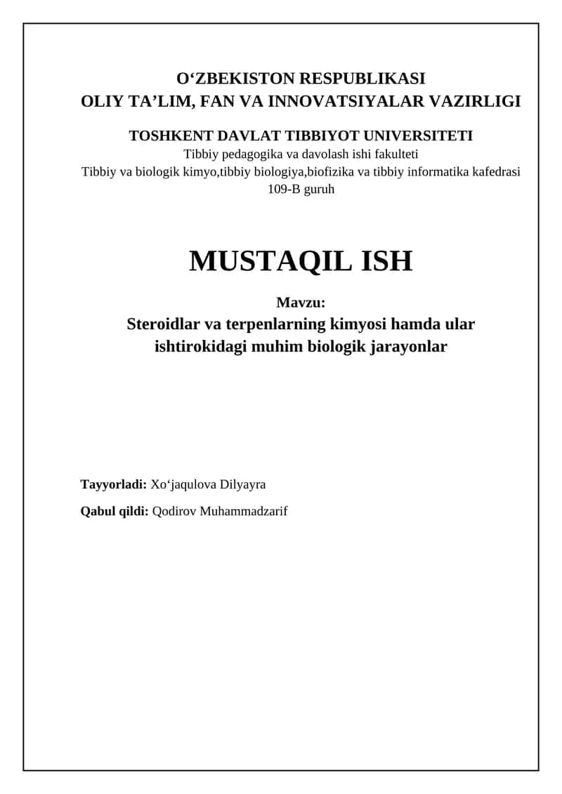 Steroidlar va terpenlar: tuzilishi, biosintezi va ahamiyati 1