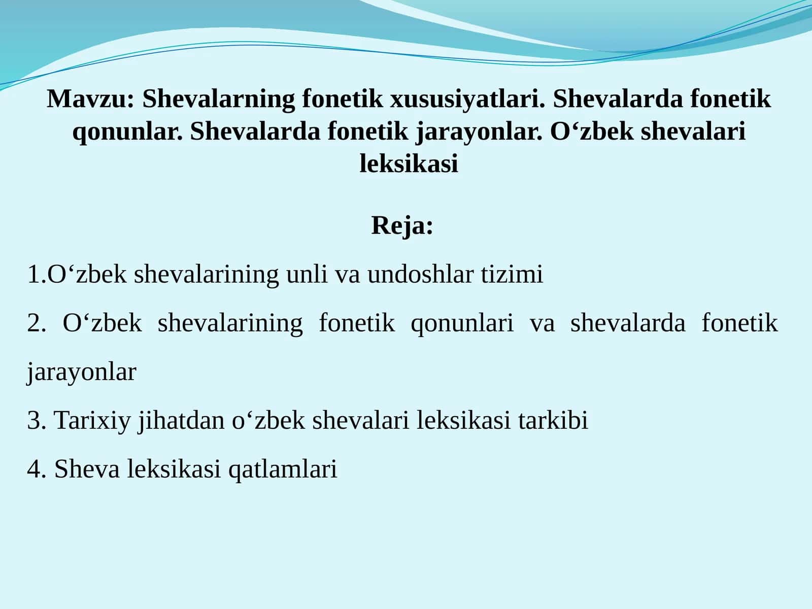 Shevalarning fonetik xususiyatlari. Shevalarda fonetik qonunlar. Shevalarda fonetik jarayonlar. O‘zbek shevalari leksikasi 1