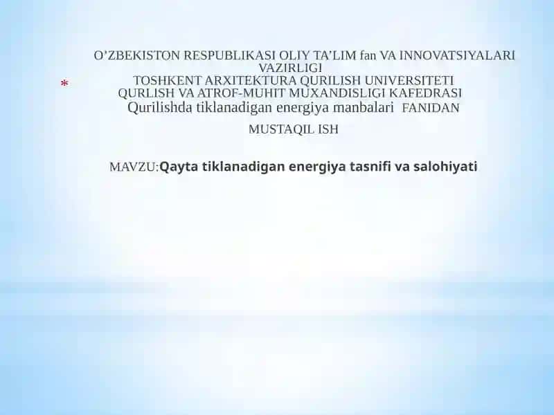 qayta tiklanadigan energiya tasnifi va salohiyati