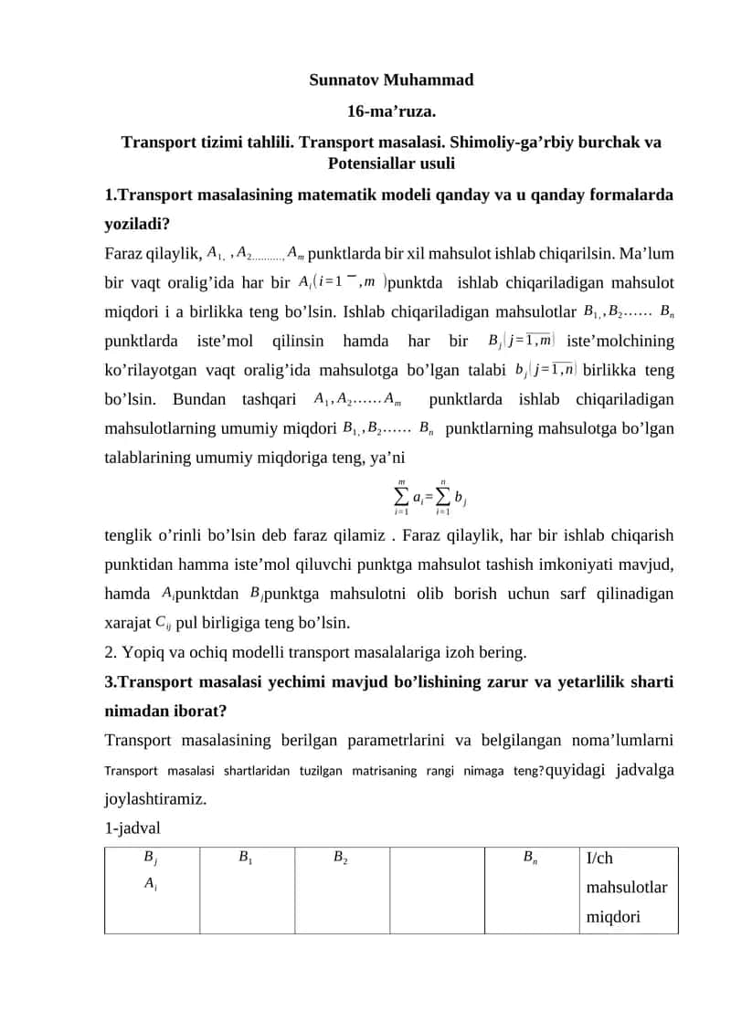 Transport tizimi tahlili 1