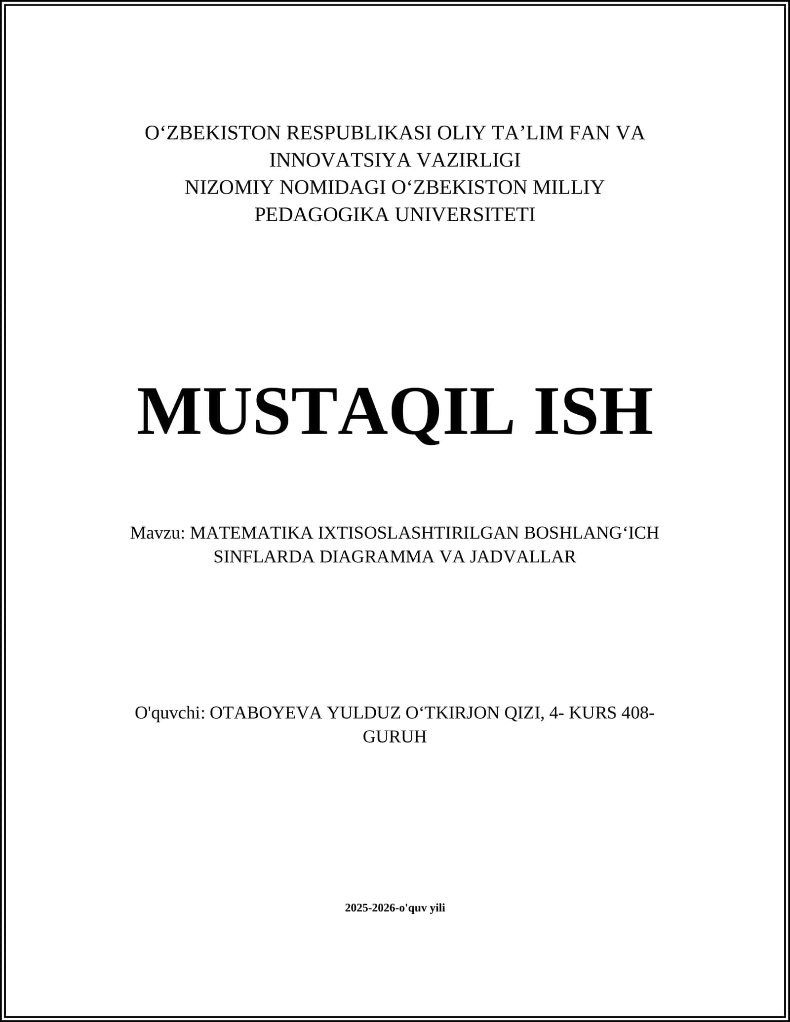MATEMATIKA IXTISOSLASHTIRILGAN BOSHLANGʻICH SINFLARDA DIAGRAMMA VA JADVALLAR 1