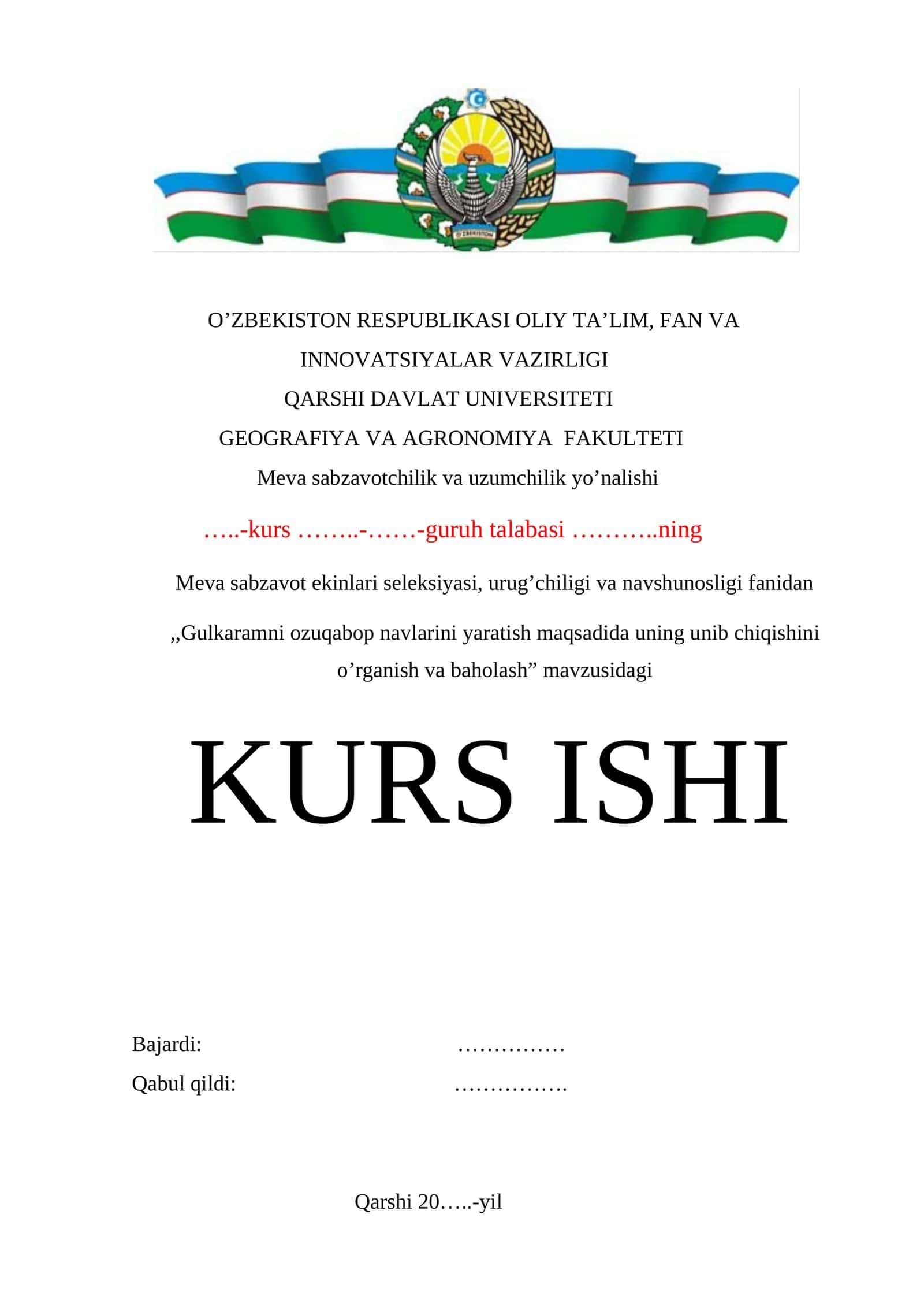Gulkaramni ozuqabop navlarini yaratish maqsadida uning unib chiqishini o’rganish va baholash mavzusida MUKAMMAL KURS ISHI ( 80 BETLIK ) 1