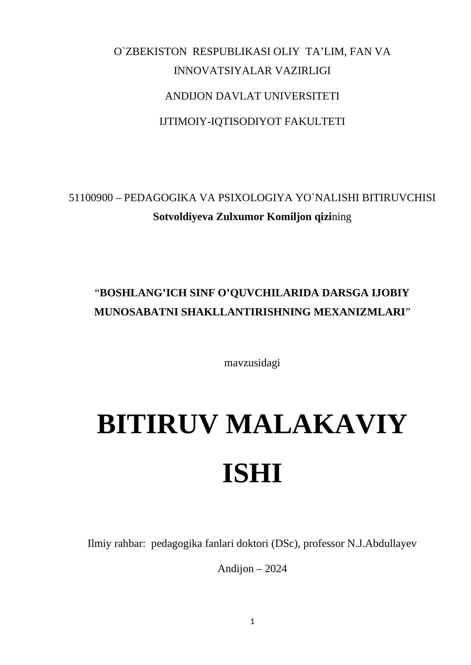 BOSHLANG’ICH SINF O’QUVCHILARIDA DARSGA IJOBIY MUNOSABATNI SHAKLLANTIRISHNING MEXANIZMLARI 1