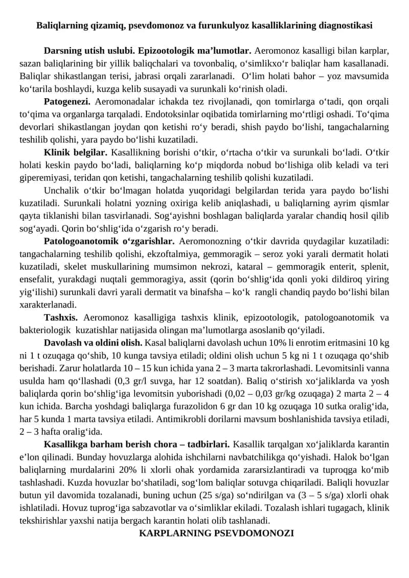 Baliqlarning qizamiq, psevdomonoz va furunkulyoz kasalliklarining diagnostikasi 1