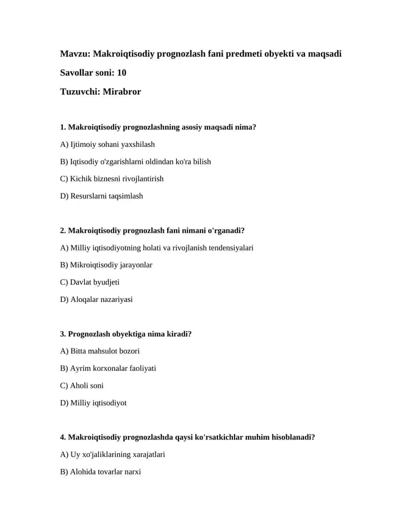 Makroiqtisodiy prognozlash fani predmeti obyekti va maqsadi 1