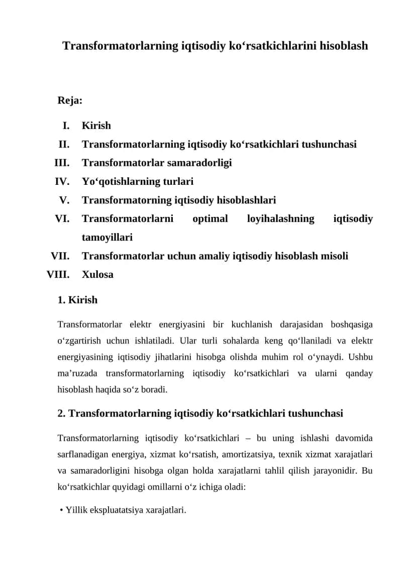 Transformatorlarning iqtisodiy ko‘rsatkichlarini hisoblash 1