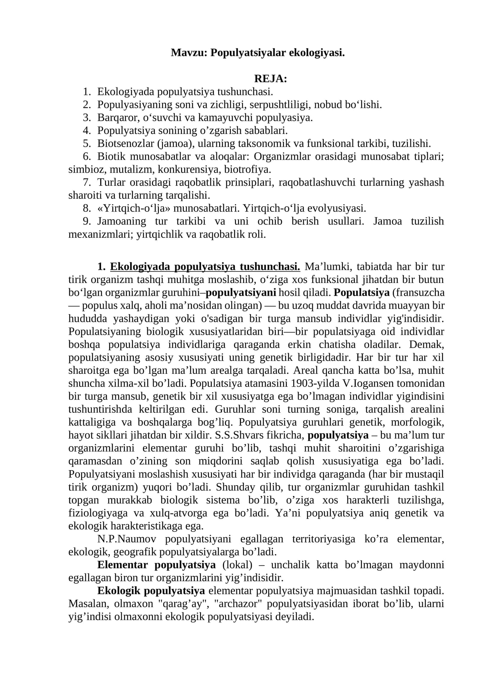Populyatsiyalar ekologiyasi 1