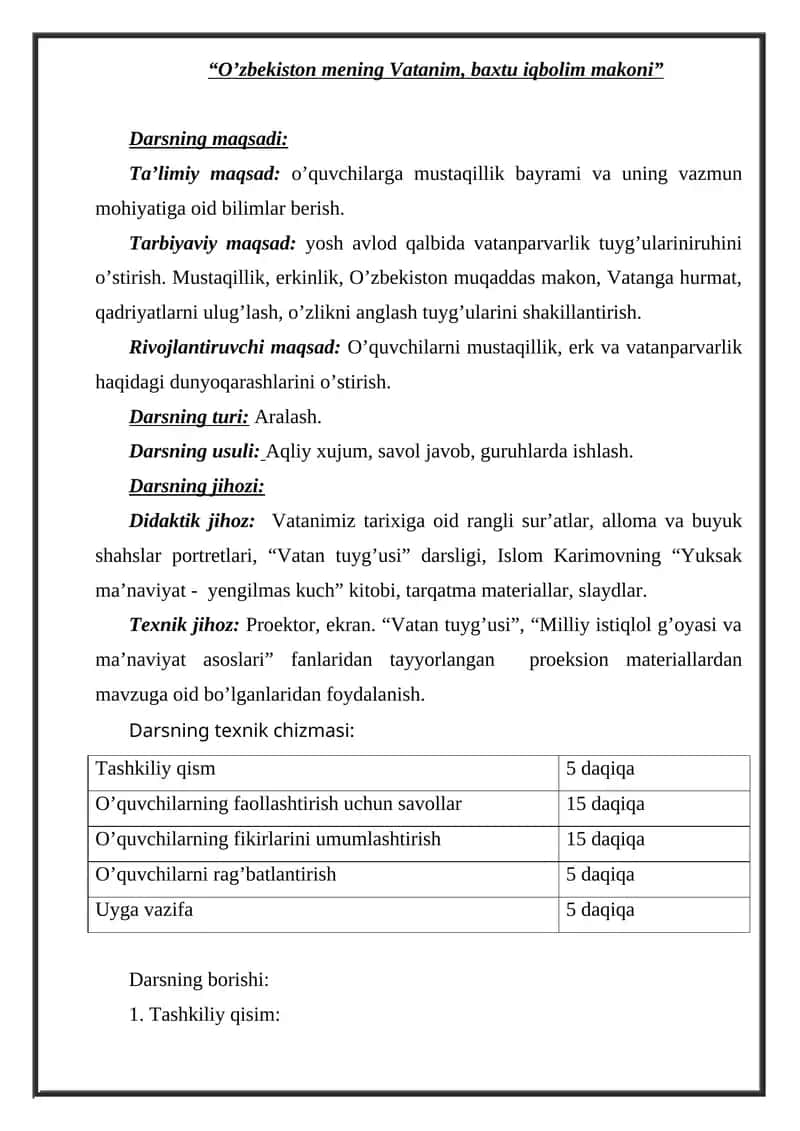 O’zbekiston mening Vatanim, baxtu iqbolim makoni Dars ishlanma 1