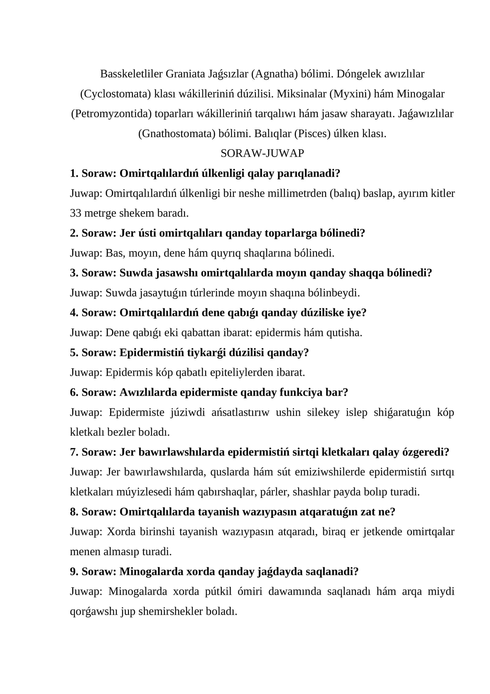 Basskeletliler Graniata Jaǵsızlar (Agnatha) bólimi. Dóngelek awızlılar 1