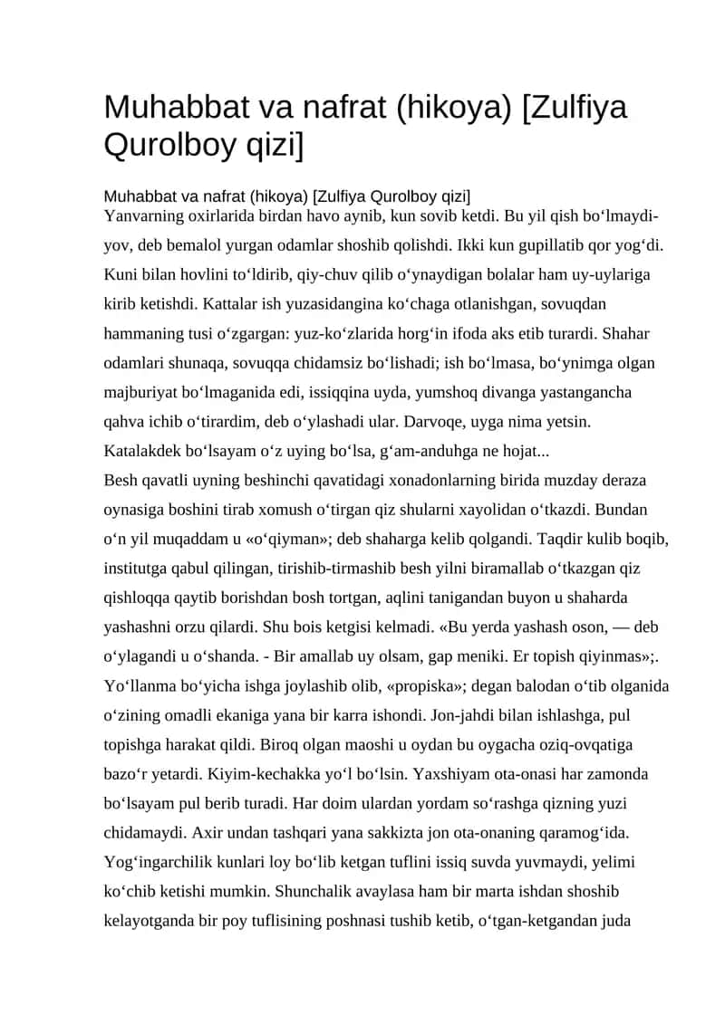 Muhabbat va nafrat (hikoya) [Zulfiya Qurolboy qizi] 1