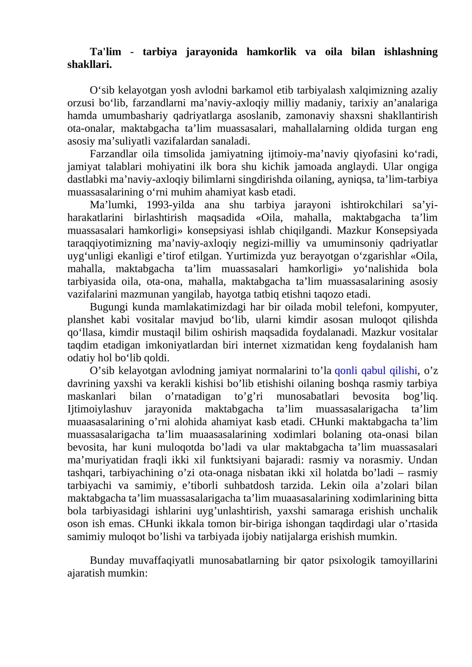 Ta'lim - tarbiya jarayonida hamkorlik va oila bilan ishlashning shakllari 1