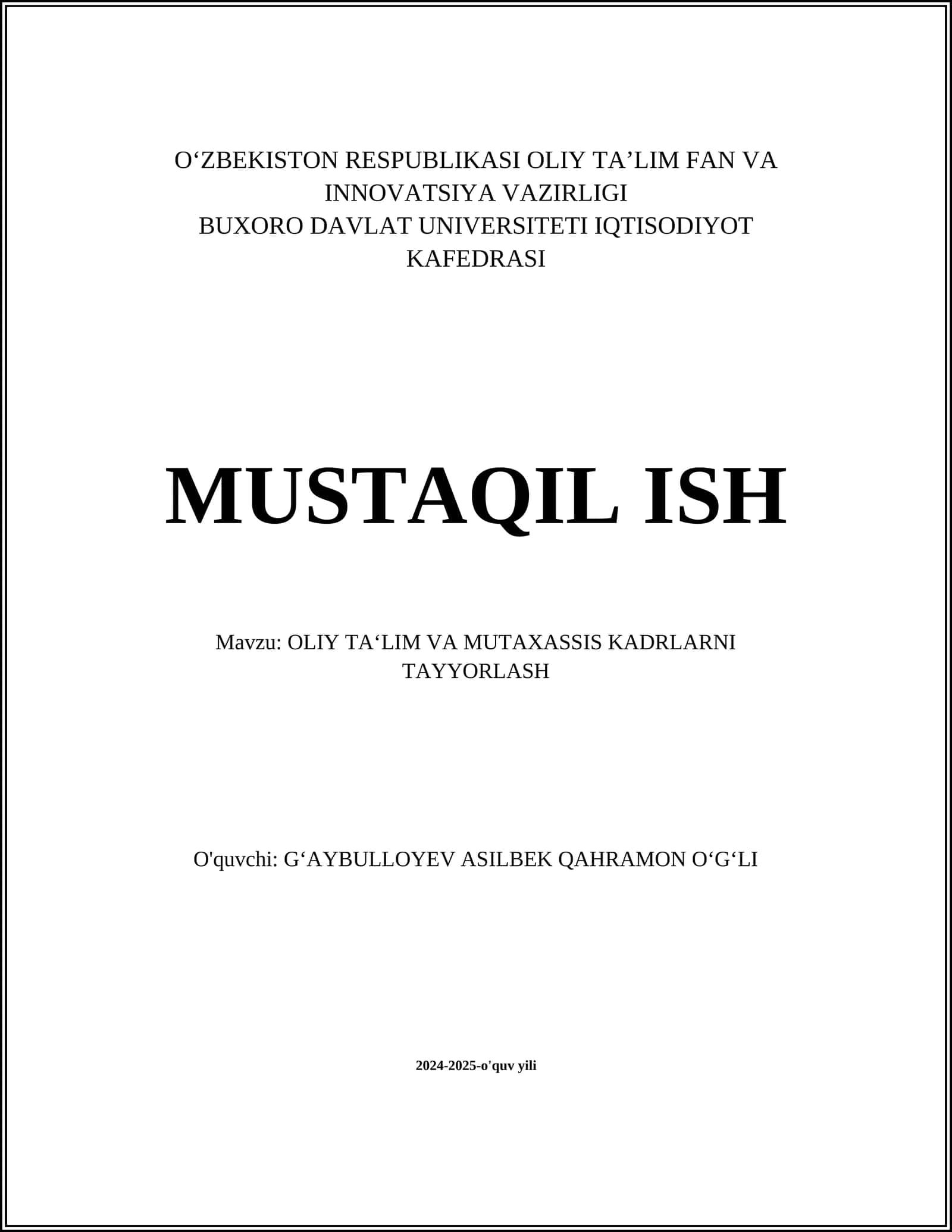 OLIY TA‘LIM VA MUTAXASSIS KADRLARNI TAYYORLASH 1