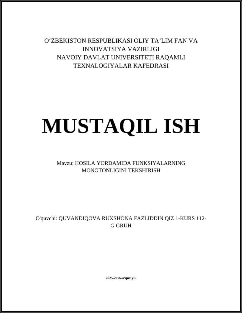 HOSILA YORDAMIDA FUNKSIYALARNING MONOTONLIGINI TEKSHIRISH 1